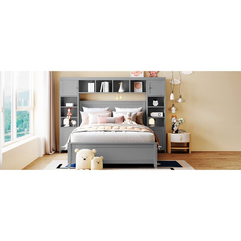 Roomfitters Full Size Wooden Platform Bed with Storage Headboard and 4 Drawers, Grey