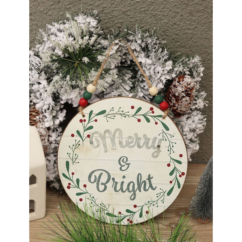 Wood and Metal Round Christmas Wall Hanging Sign,Merry and Bright