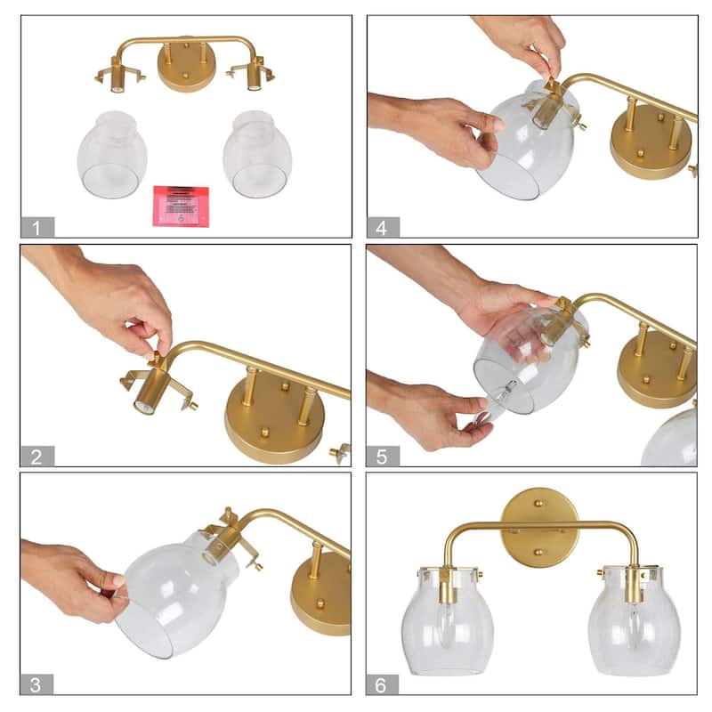 Modern 2-Light Gold Bathroom Vanity Lights Globe Wall Lighting with Seeded Glass - 14" L x 7" W x 10" H