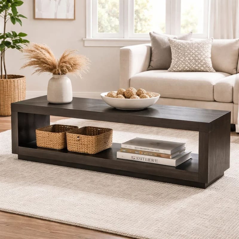 Wooden Rectangular Bench with Open Bottom Shelf, Gray