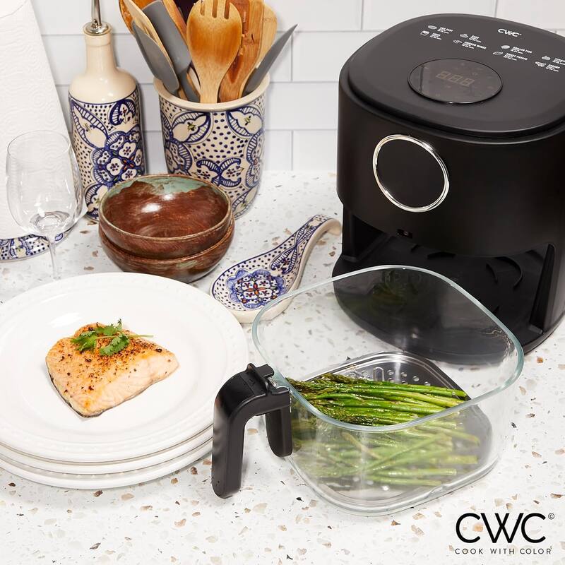 COOK WITH COLOR 1200W Air Fryer: Glass Basket, Dishwasher Safe, 60min Timer, 6 Presets, Temp Control 175F-400F, 4 - 5.5 QT