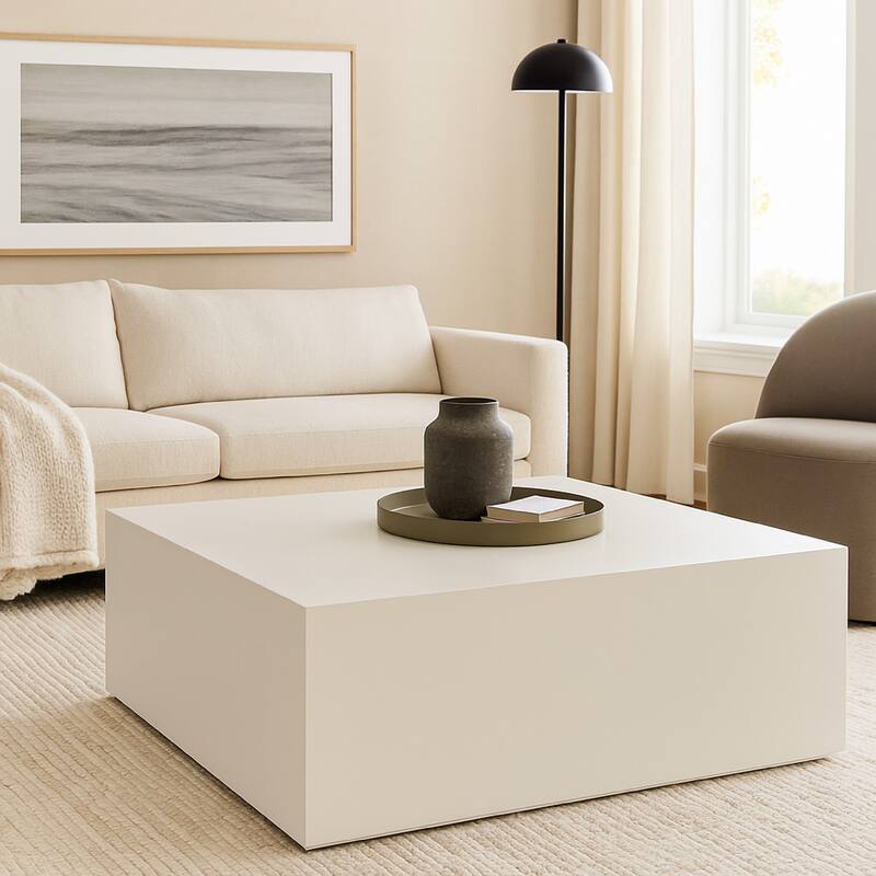 Viko Modern Square Coffee Table, White Wood Faux Concrete Finish, 39 Inch