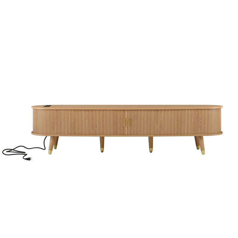 Roomfitters Mid-Century TV Stand, Wooden Oval Media Console with Fluted Sliding Doors and Charging Station