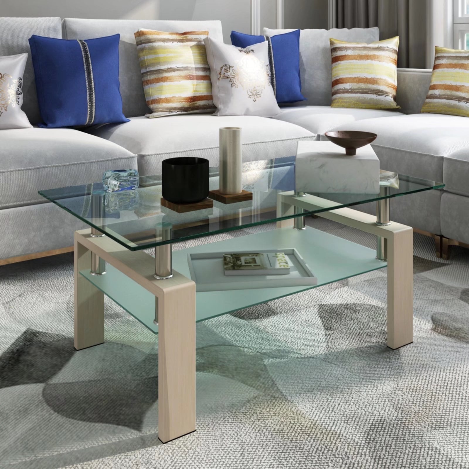 2-Tier Rectangle Black Glass Coffee Table, Clear Coffee Table,Modern Side Center Tables for Living Room, Office Furniture