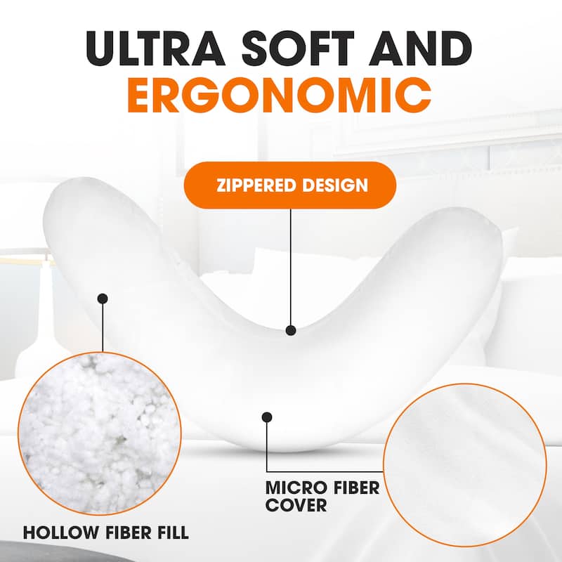 Cheer Collection Boomerang Shaped Bed Pillow with Washable Cover - White