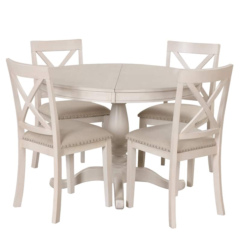 5 Piece Wood Dining Table Set, Kitchen Dining Table Set with Extendable Round Dining Table and 4 Chairs with Backrest
