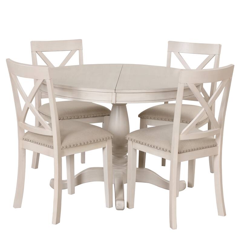 Extendable Dining Table, Round Table and Four Wooden Dining Chairs, Rustic Kitchen Table and Chair Set