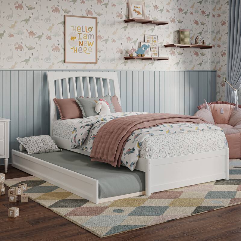 Roslyn Platform Bed with Panel Footboard and Twin Trundle - White - Twin