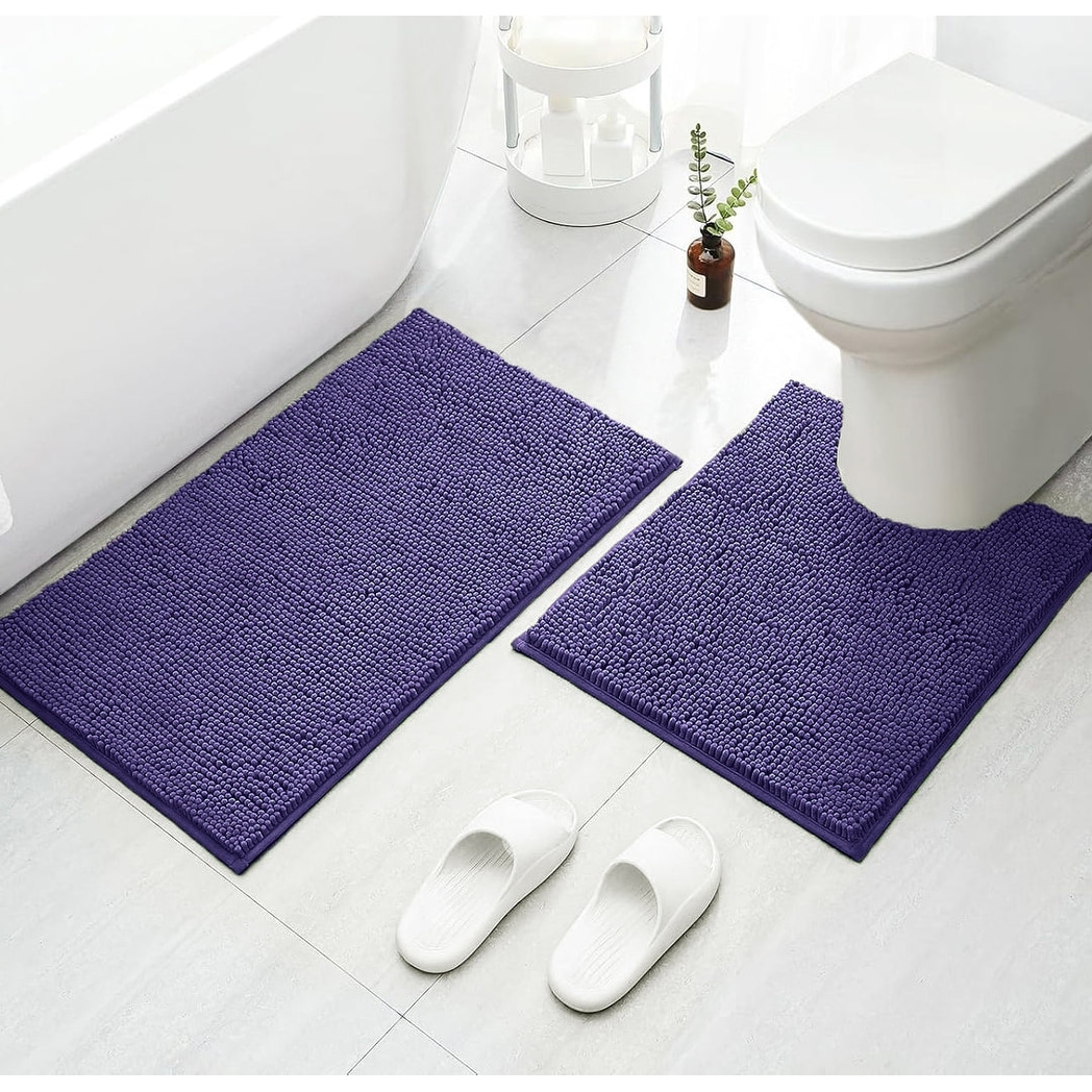 2 Piece Set Blue Purple Soft Cozy Plush Chenille Bath Mat Bathroom Rug