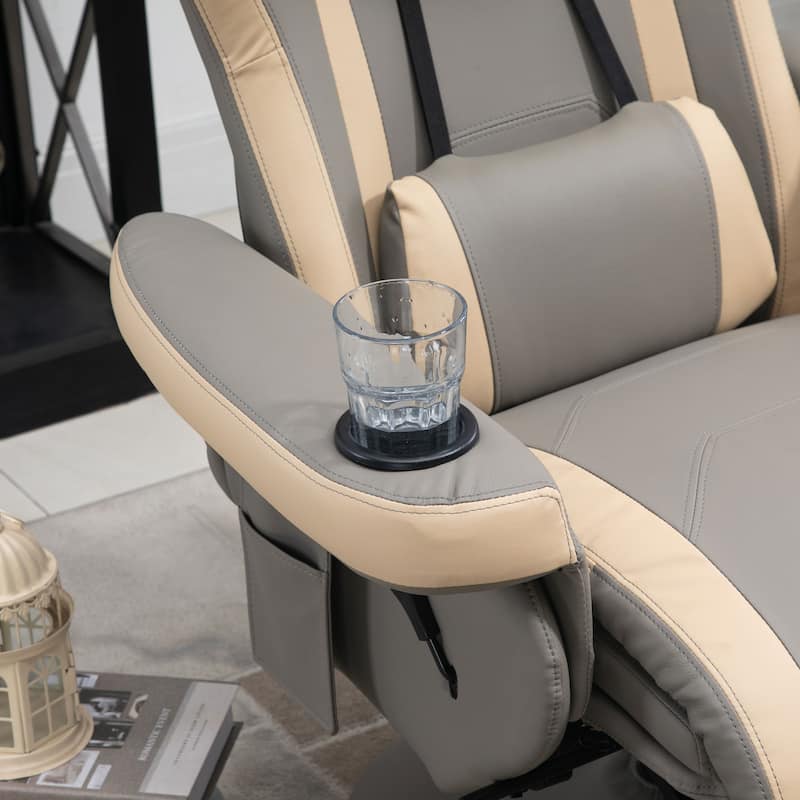 HOMCOM Manual Recliner Armchair PU Leather Lounge Chair w/ Adjustable Leg Rest, 135° Reclining Function, 360° Swivel, Cup Holder