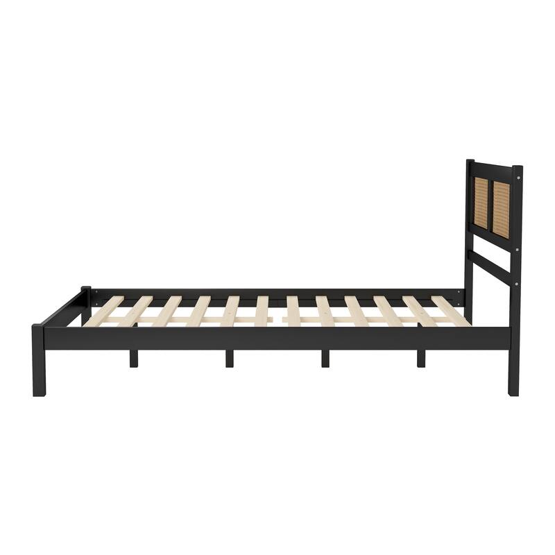 Natural Rattan Headboard Platform Bed - Queen/Full Size, Modern Minimalist Design, No Box Spring Required