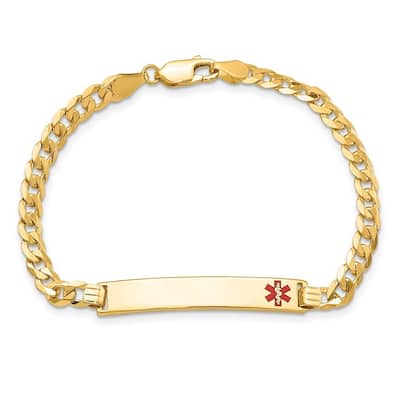 Curata 14k Yellow Gold 6.5mm Engravable Medical Red Enamel Flat Curb Link ID Bracelet