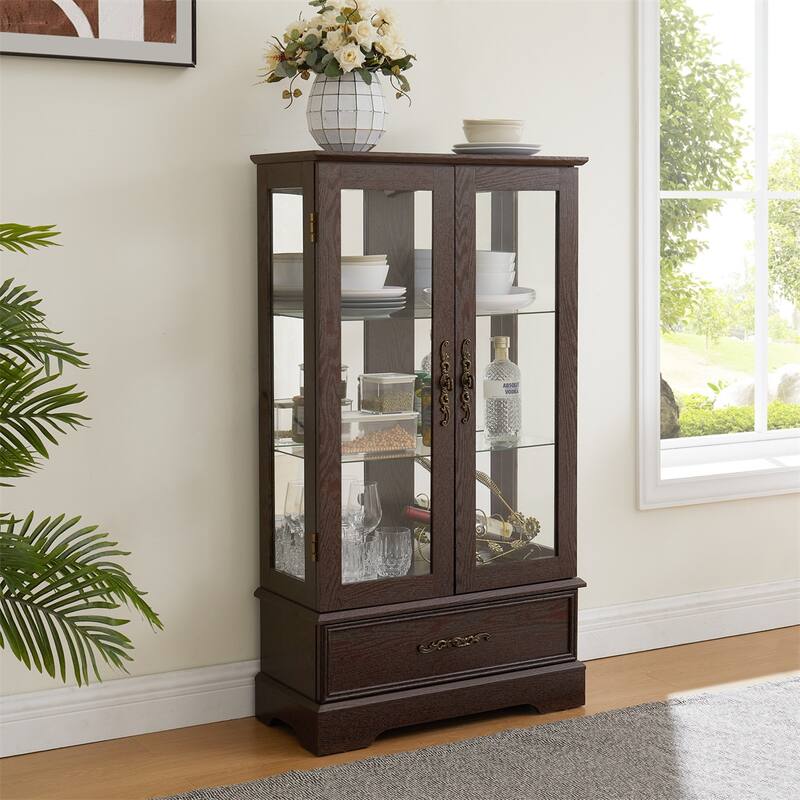 Lighted Glass Display Curio Cabinet with Door, 3 Shelves, Bulb, Drawer