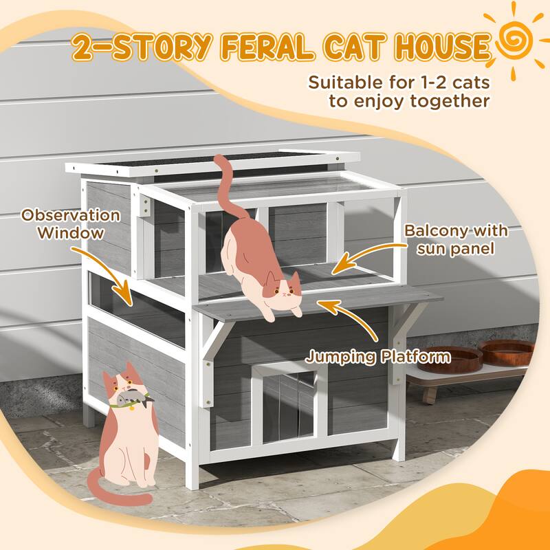 PawHut 2-Story Outdoor Cat House with Balcony, Weatherproof Feral Cat Shelter with Openable Top, Escape Door