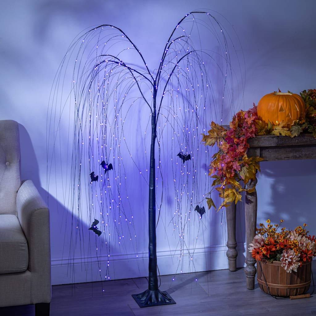 5 Foot Electric Black Willow Tree with Bats and Dual Color Lights
