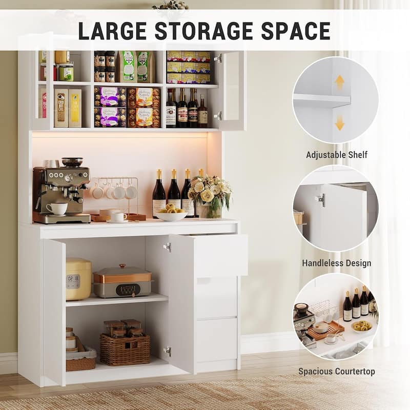 71" Tall Pantry Cabinet with Charging Station and Led Lights, Kitchen Hutch with Microwave Stand for Dining Room, Living Room