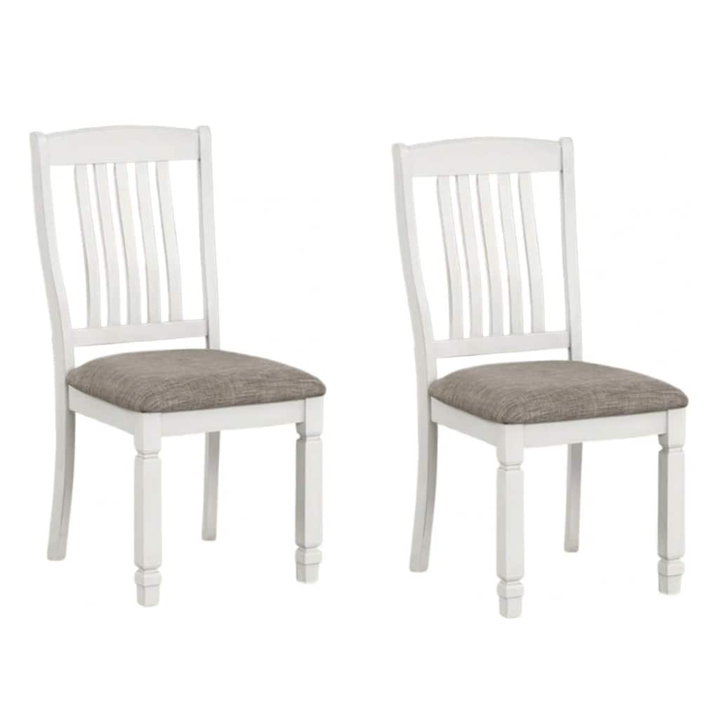 Dola Side Dining Chair Set of 2, Rustic White Wood, Gray Fabric, Slat Back