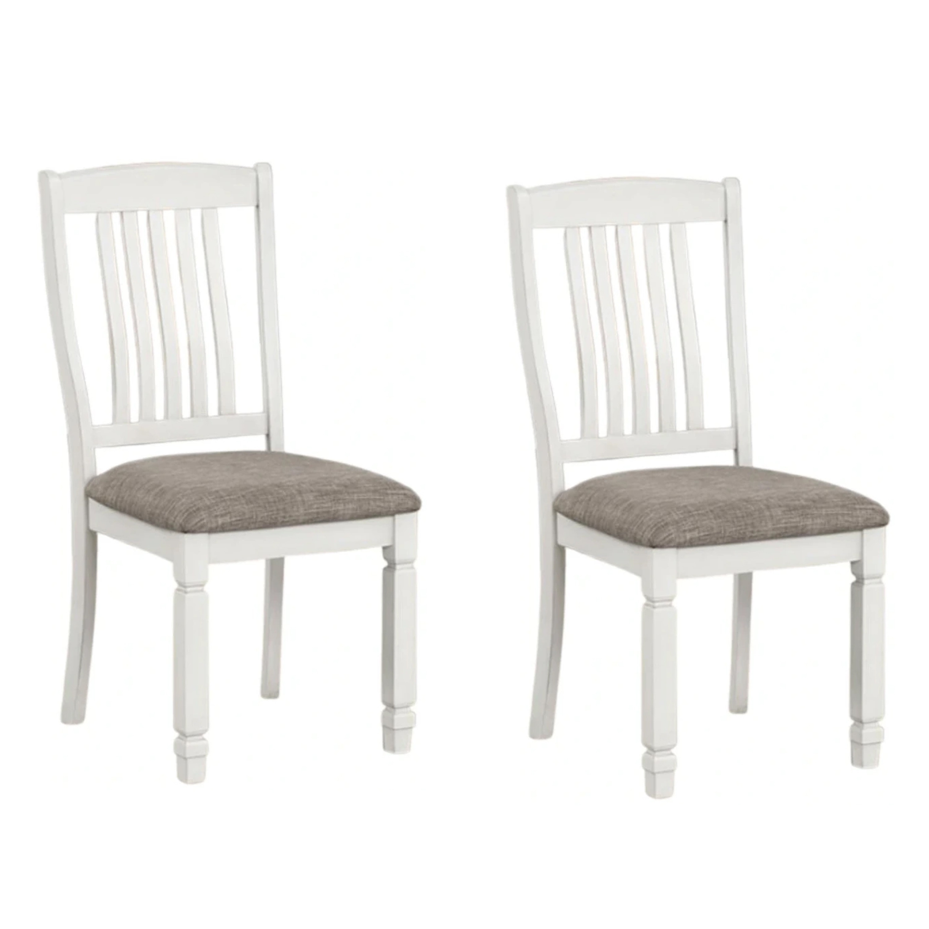 Dola Side Dining Chair Set of 2, Rustic White Wood, Gray Fabric, Slat Back