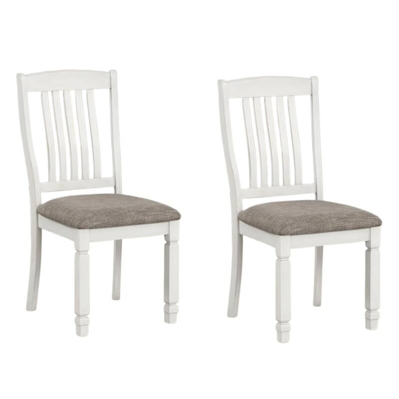 Dola Side Dining Chair Set of 2, Rustic White Wood, Gray Fabric, Slat Back