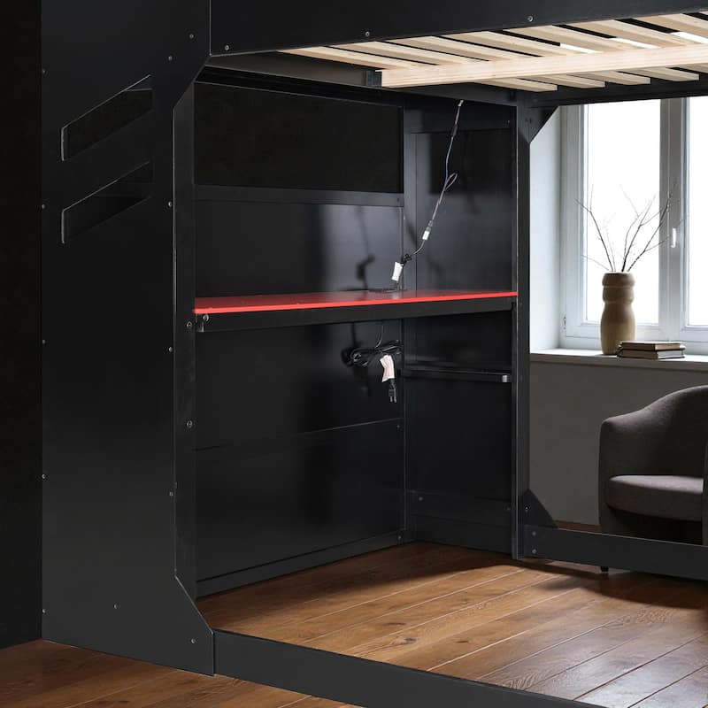 Full Size Wood Loft Bed with Adjustable Desk, Drawers, Storage Shelves, Hanging Rod and RGB LED Lights