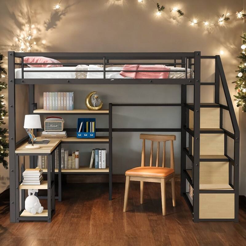 Metal Full Size Loft Bed with with Builtin Desk and Shelves, Black