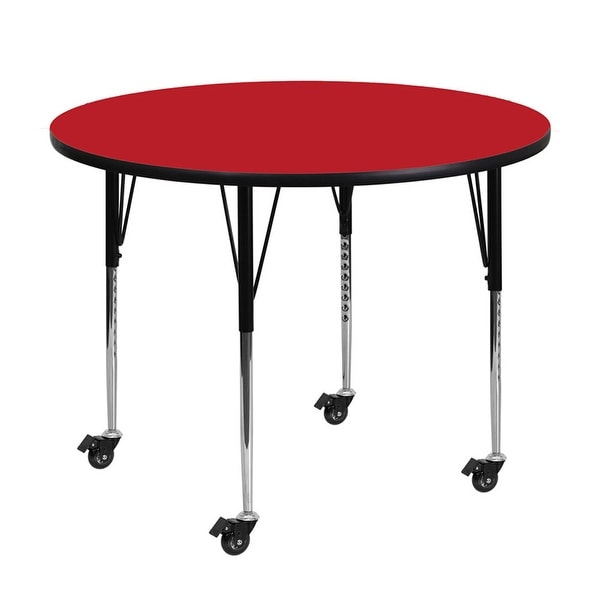 Offex 48" Mobile Round Activity Table with 1.25" Thick High Pressure Red Laminate Top and Height Adjustable Pre-School Legs