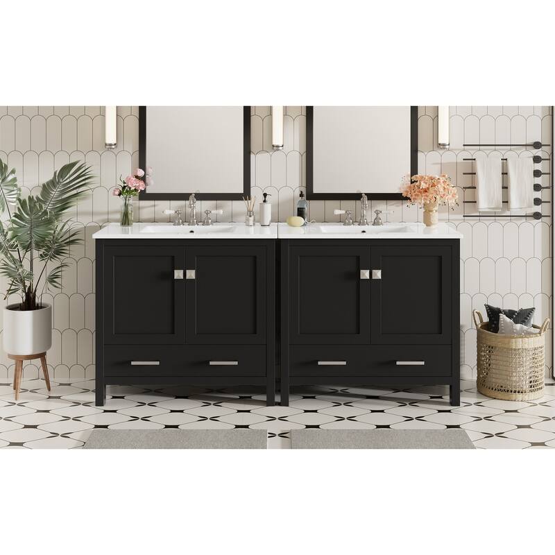 Roomfitters Modern 72" Bathroom Vanity with Ceramic Sink, Soft-Close Doors, Double Storage Shelves and Divided Drawer