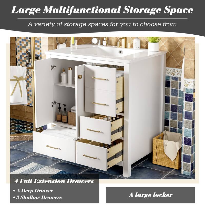 24'' Freestanding Bathroom Vanity in White with White Integrated Ceramic Sink - 30'' x 18.3'' x 33.8''