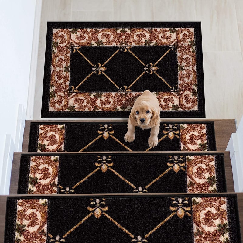 Stair Treads Fleur De Lis Floral Design Non Slip Backing, 8.5''X26''