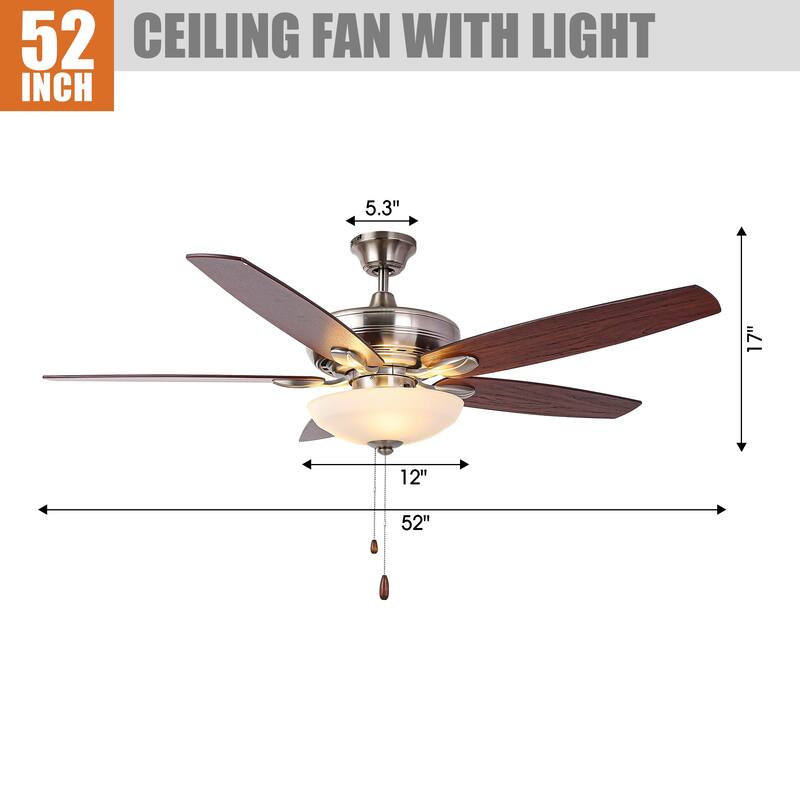 52-inch Traditional Nickel Frosted Glass Ceiling Fan with Light and Pull Chain - Polished Nickel