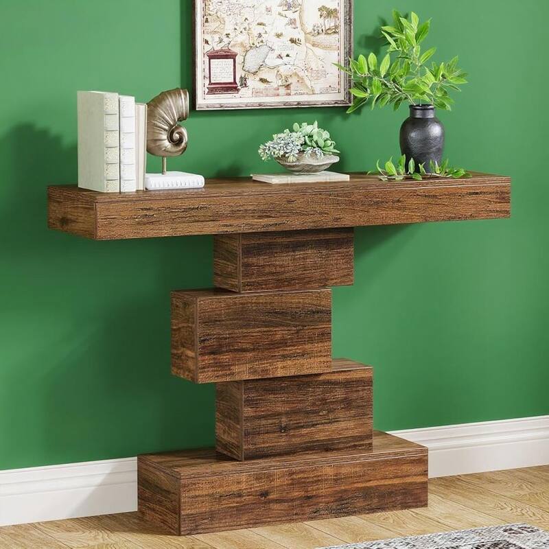 Brown Farmhouse Console Table 47 Inch E1 Particle Board Entryway Sofa Accent Table with Geometric Base