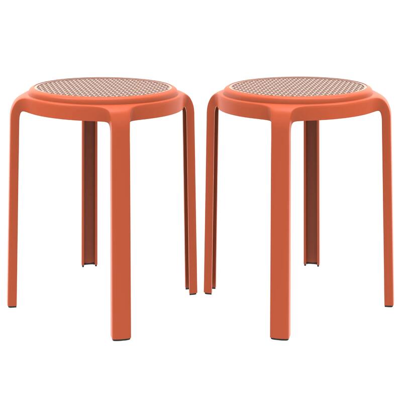 Tresse All-Weather Round Stackable Dining Stool with Wicker-Style Seat for Indoor, Outdoor, Patio, and Kitchen Set of 2 - Orange