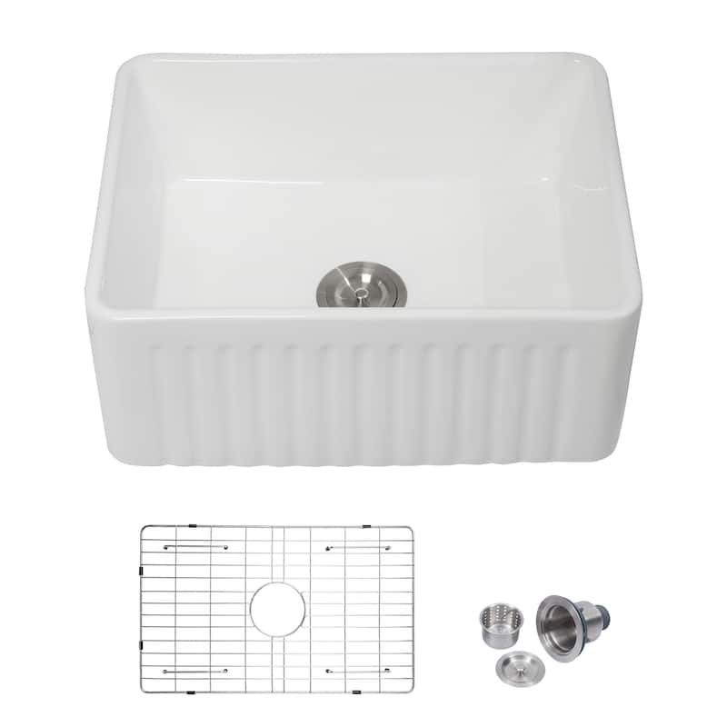 Kichae 24 Inch Ceramic Sink Undermount Farmhouse White Bar or Kitchen Sink - 24 in.W x 18 in.D x 10 in.H - White - 24 in.W x 18 in.D x 10 in.H