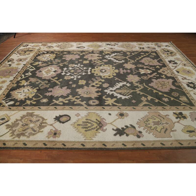 Charcoal Ivory Oushak Indian Area Rug Hand-Knotted Wool Carpet - 9'0" x 11'9"