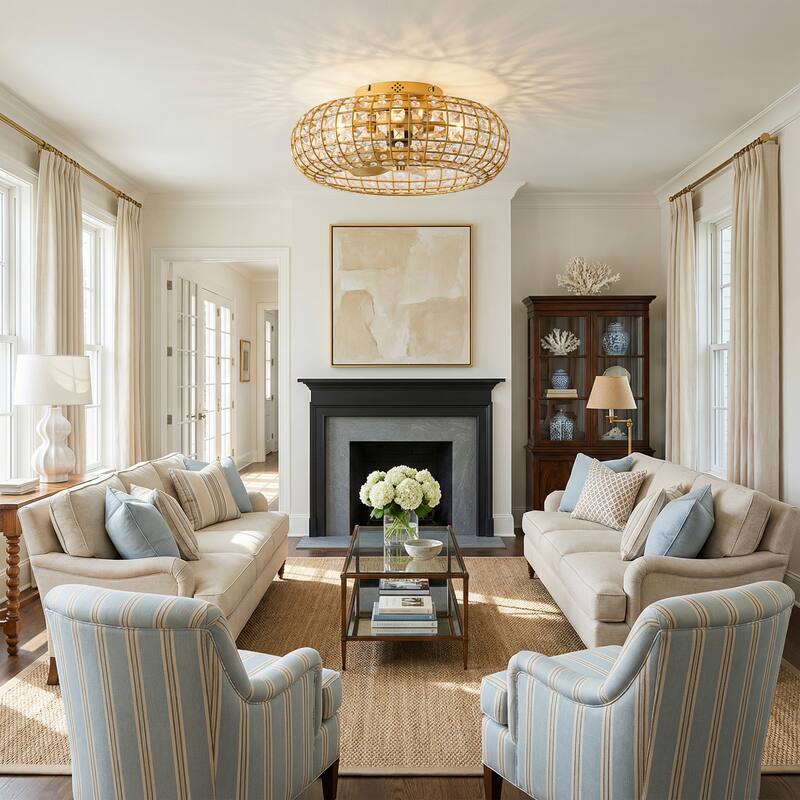 20" Modern Gold Caged 4-Light Crystal Low-Profile Flush Mount Ceiling Fan with Remote