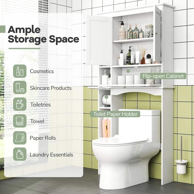 Over the Toilet Storage Cabinet with Adjustable Shelf and Bottom Bar-White - Multi