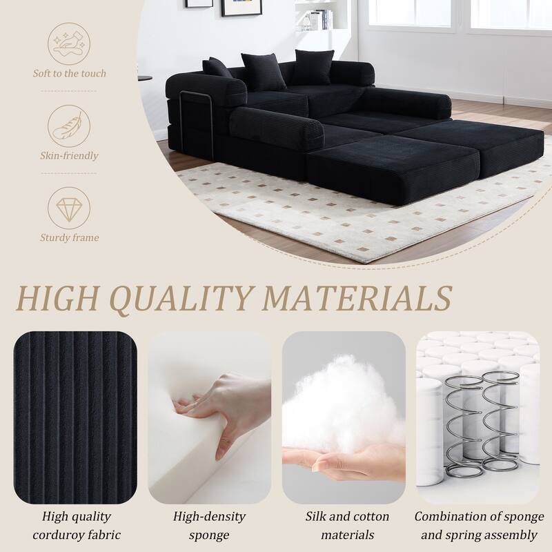 HOMEFUN Corduroy Upholstered Convertible Folding Sofa Bed with Fixed Frame and Pillow Back Handrail