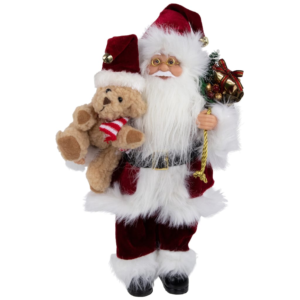 12" Traditional Santa Claus Christmas Figure with Teddy Bear Gift Bag