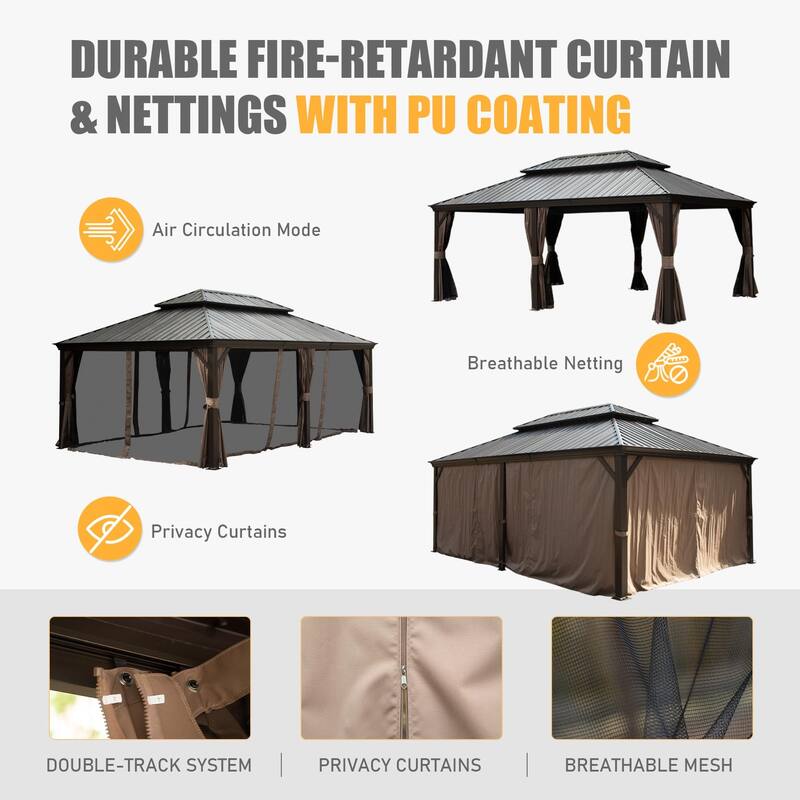 GDFStudio - Terry Outdoor Aluminum Hardtop Gazebo with Galvanized Steel Double Roof, Curtains & Netting