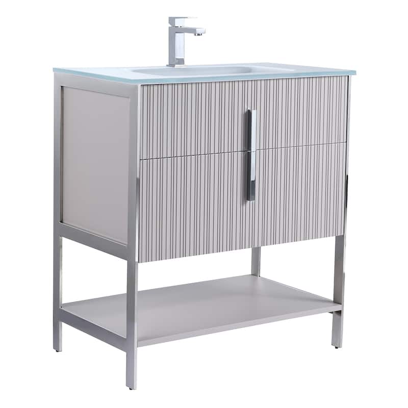 Fine Fixtures Serenity Modern Bathroom Vanity with White Glass Top - Bright Taupe - Chrome Hardware - 30 inch