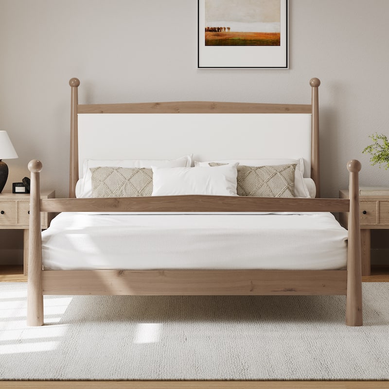 Platform Bed with Upholstered Boucle Headboard Panel Bed No Box Spring Needed Wood Slat Bed Low Profile Bed - Minimalist Design - Natural - King