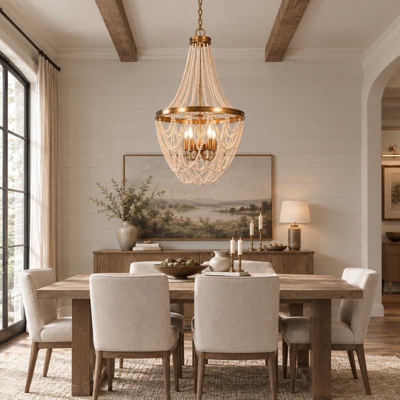Modern Glam French Country Wood Beaded Chandeliers Ceiling Lights for Bedroom Living Room, Dining Room - D 17.7'' x H 95.2''