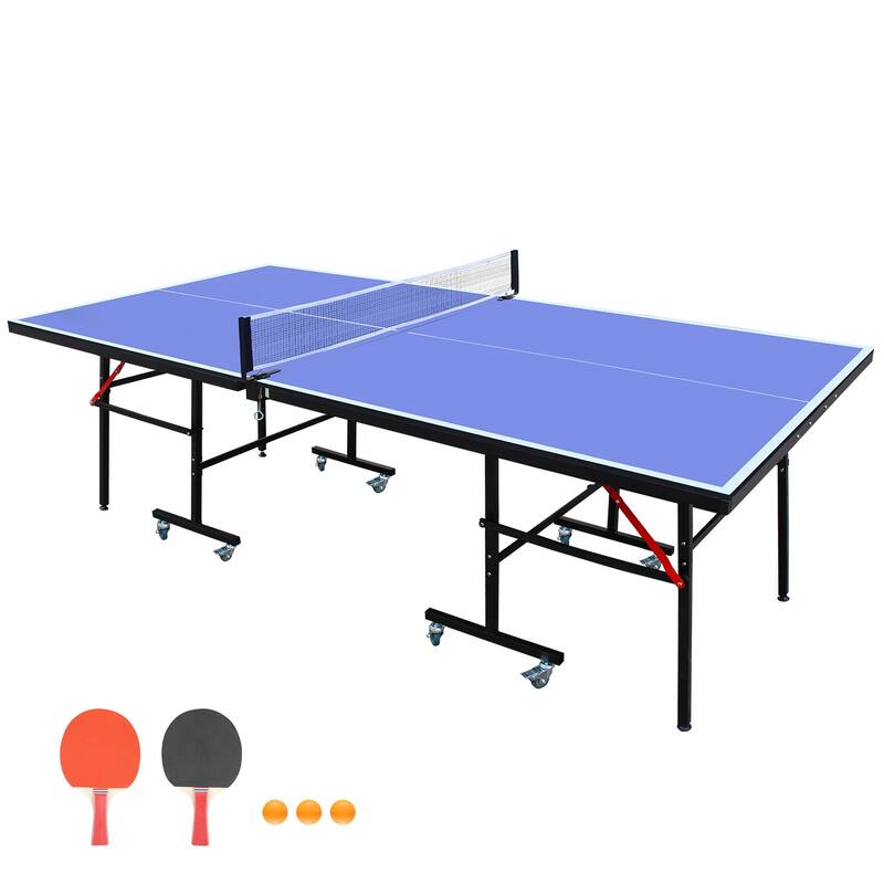 Roomfitters 8ft Table Tennis Table for Indoor Use, Foldable & Portable Ping Pong Set with Net, 2 Bats and Balls, Blue