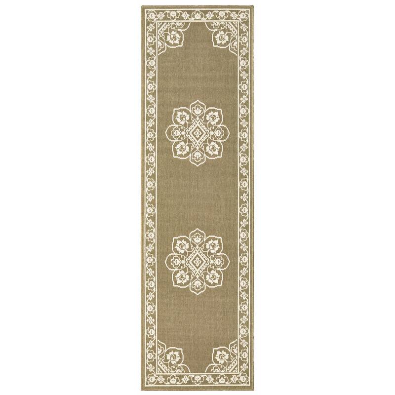 Style Haven Marianna Bordered Medallion Loop Pile Indoor Outdoor Area Rug - 2'3" x 7'6" Runner - Tan/Off-White