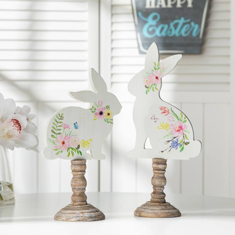 Glitzhome Set of 2 Easter Wooden Bunny Table Decor Spring Gift