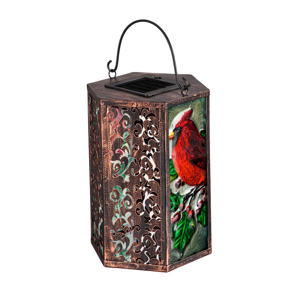 Handpainted Embossed Glass and Metal Solar Lantern, Holiday Cardinal