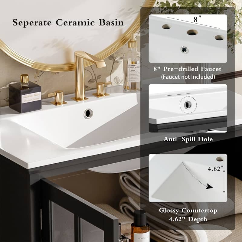 30"Bathroom Vanity with Ceramic Sink, Tempered Blurred Glass and Matte Black Handles, Large Storage Space and Rubber Wood Frame