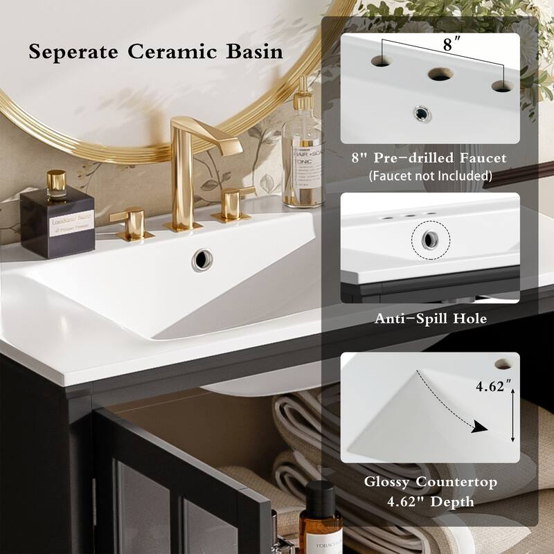 Bathroom Storage Vanity Cabinet with Ceramic Sink, Blurred Tempered Glass Doors, Matte Black Handles and Adjustable Shelf