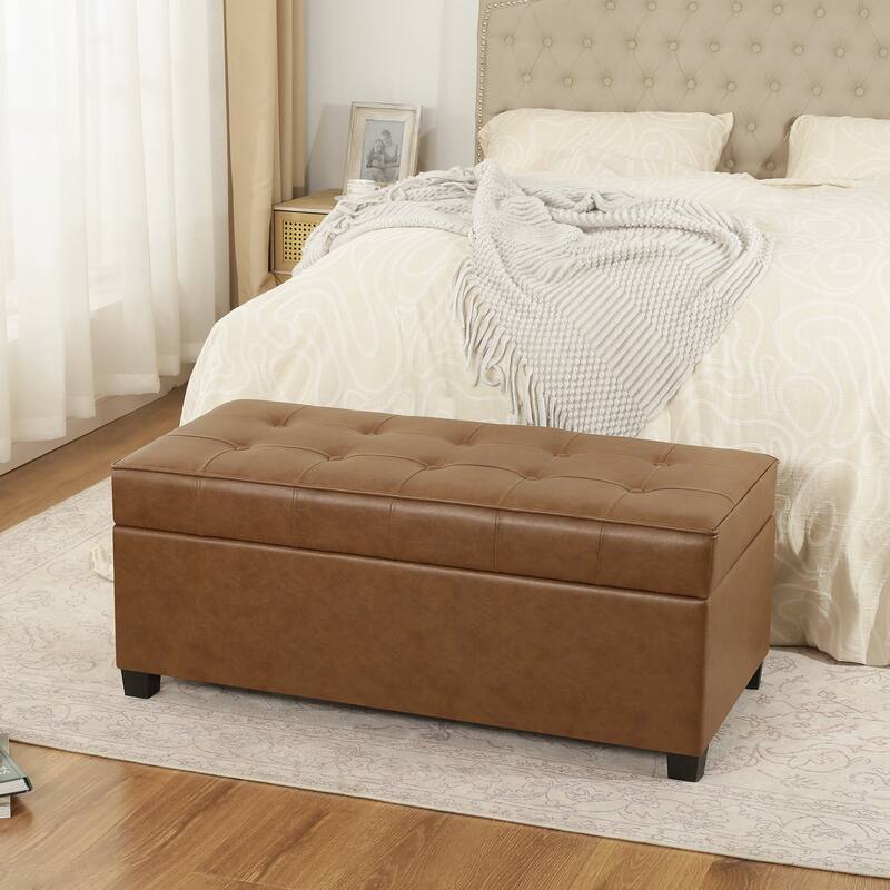 Adeco 40" Faux Leather Storage Ottoman Bench with Tufted Button - 40"X18.8"X16.5"