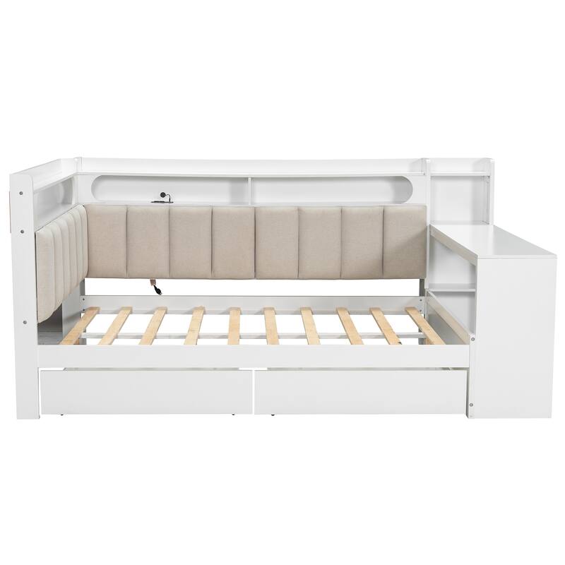 Full Daybed with Storage Shelves Built-in Charging Station LED Light, L-shape Upholstered Sofa Bed with 2 Drawers, Cabinet, Desk